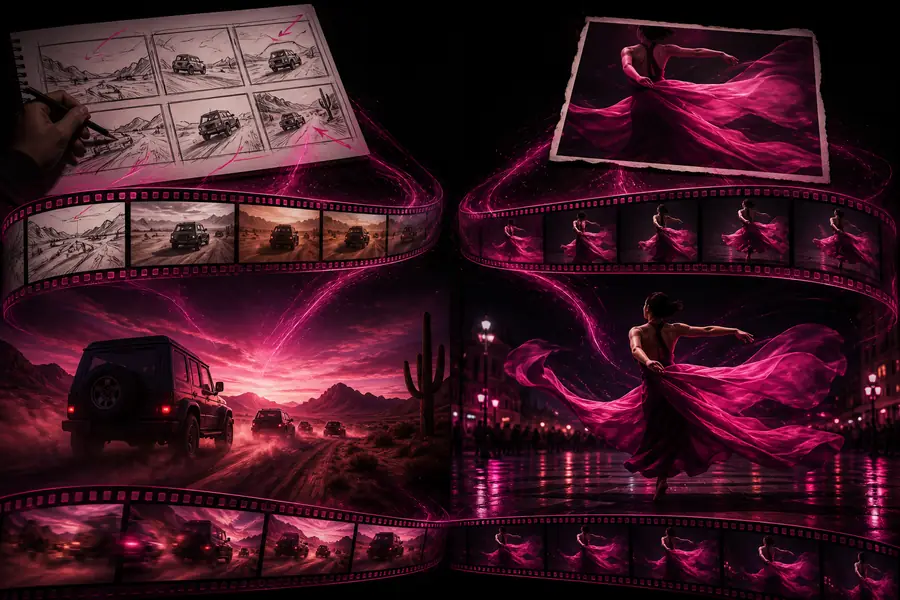 Animated creative scene produced from a still concept